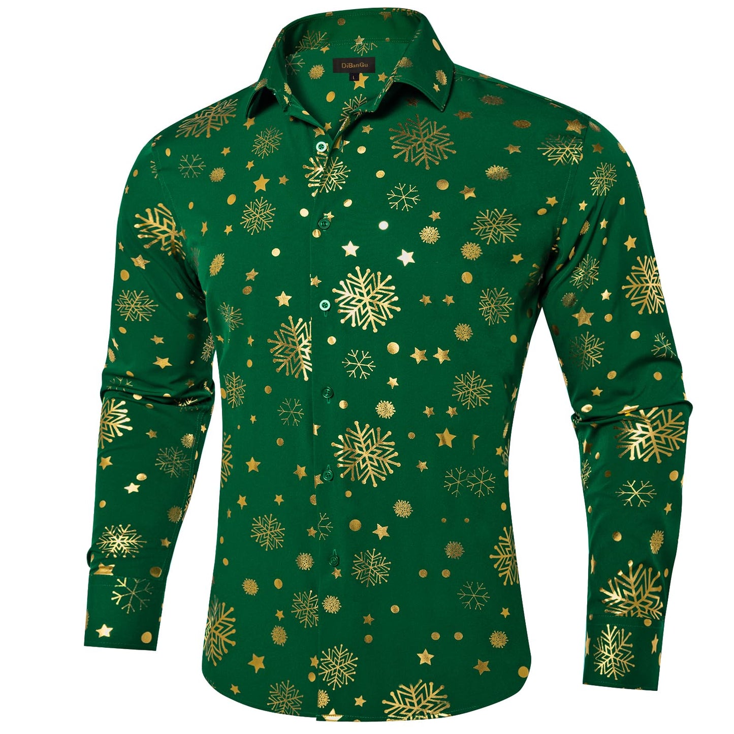 DiBanGu Mens Christmas Long Sleeve Button Down Shirt Green Gold Snowflake Size S