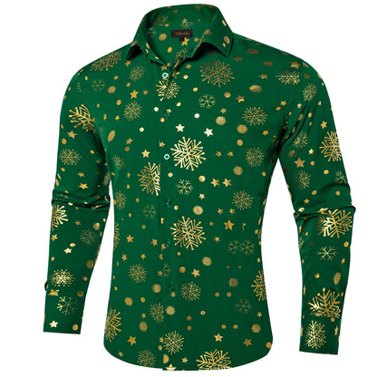 DiBanGu Mens Christmas Long Sleeve Button Down Shirt Green Gold Snowflake Size S