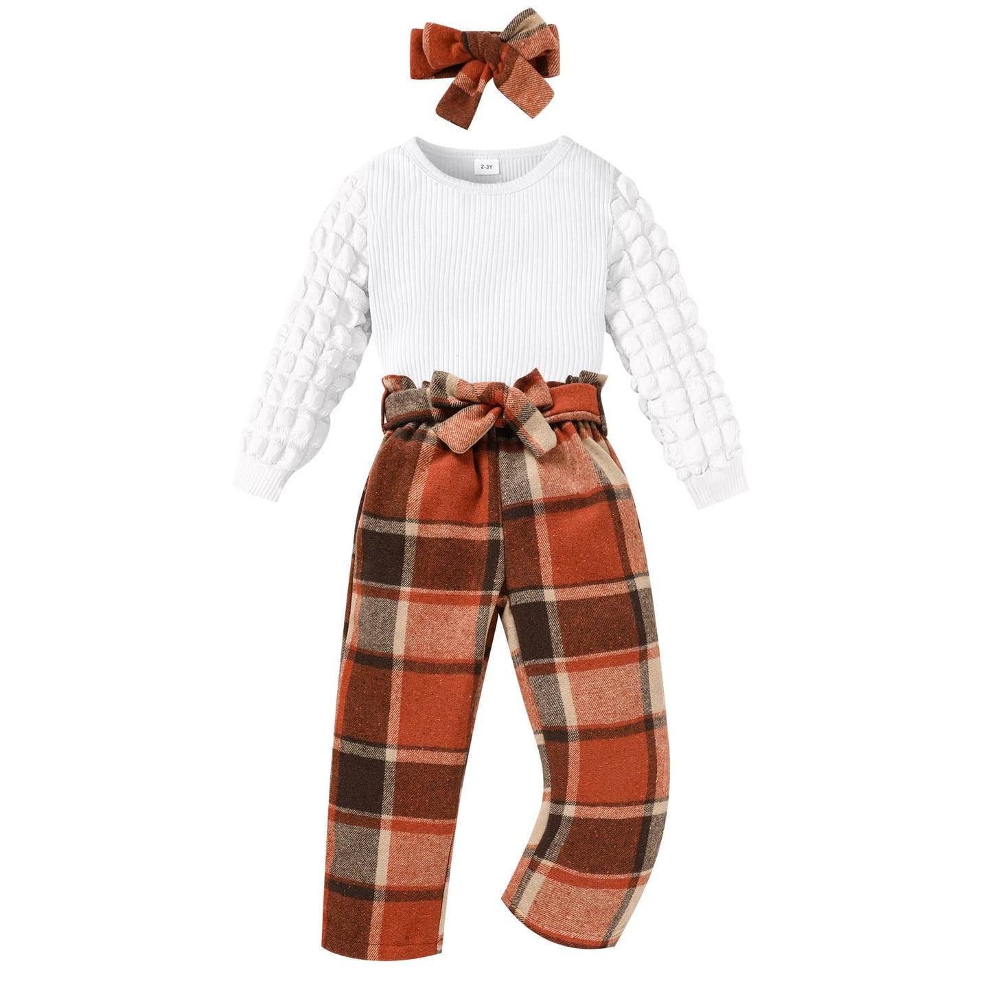 TITKKOP Toddler Baby Girl Ribbed Top Plaid Pants Belt Set Orange Grid Size 4-5T