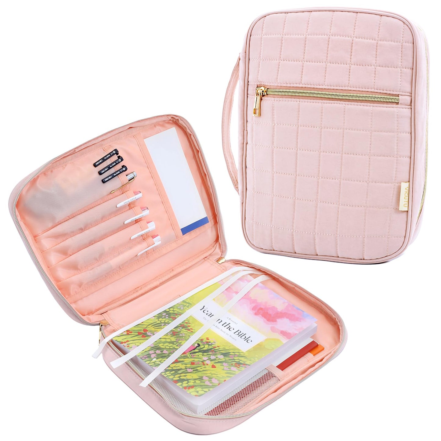 VICUTU Bible Cover Case for Women with Handle Pink Soft Quilted Carrying Bag