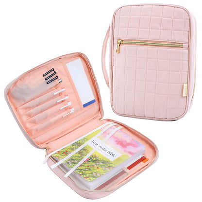 VICUTU Bible Cover Case for Women with Handle Pink Soft Quilted Carrying Bag