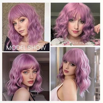 BATISI Lavender Pink Wavy Bob Synthetic Wig Short Shoulder Length Bangs