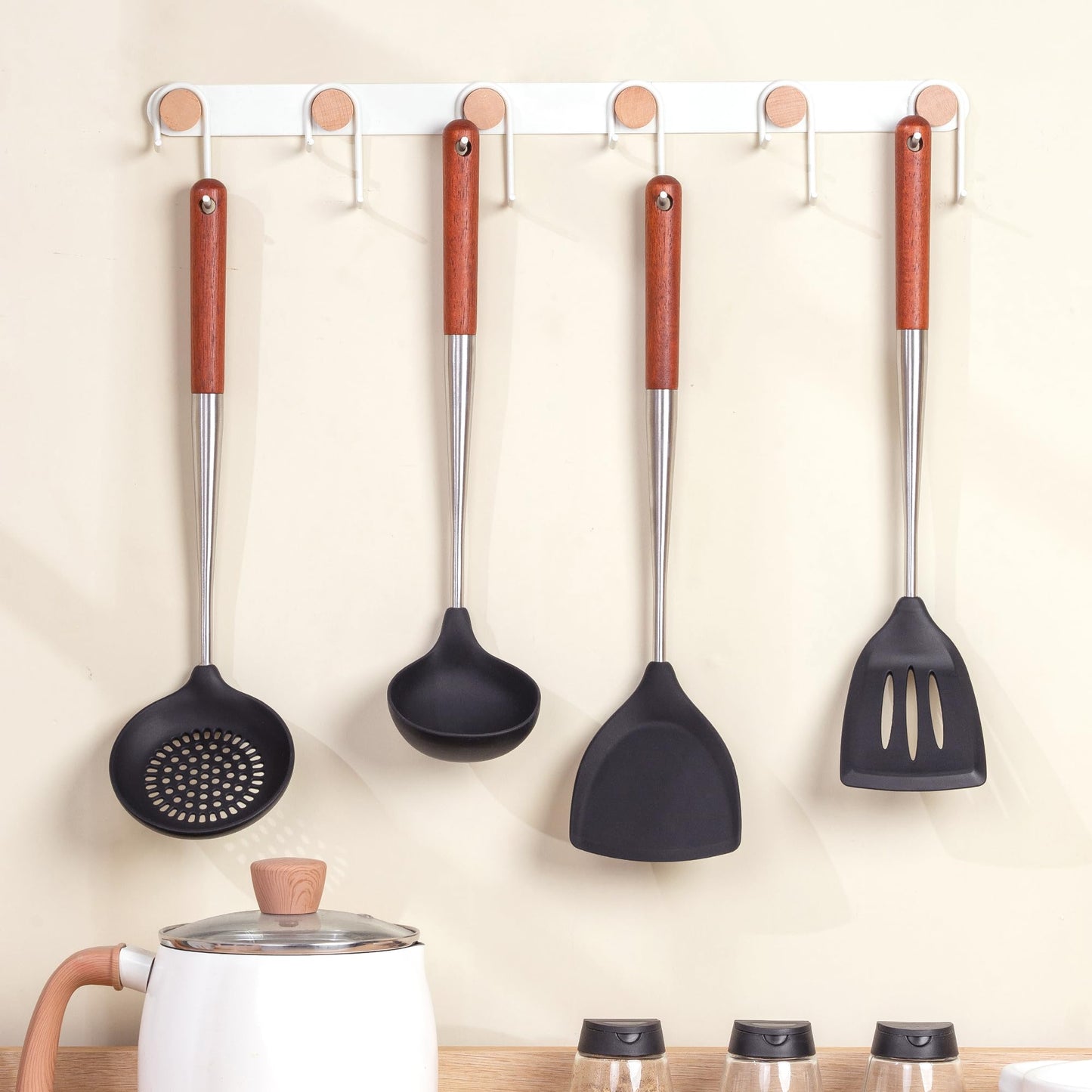 FJNATINH Silicone Spatula Turner Ladle Skimmer Set Stainless Steel Wood 4Pc