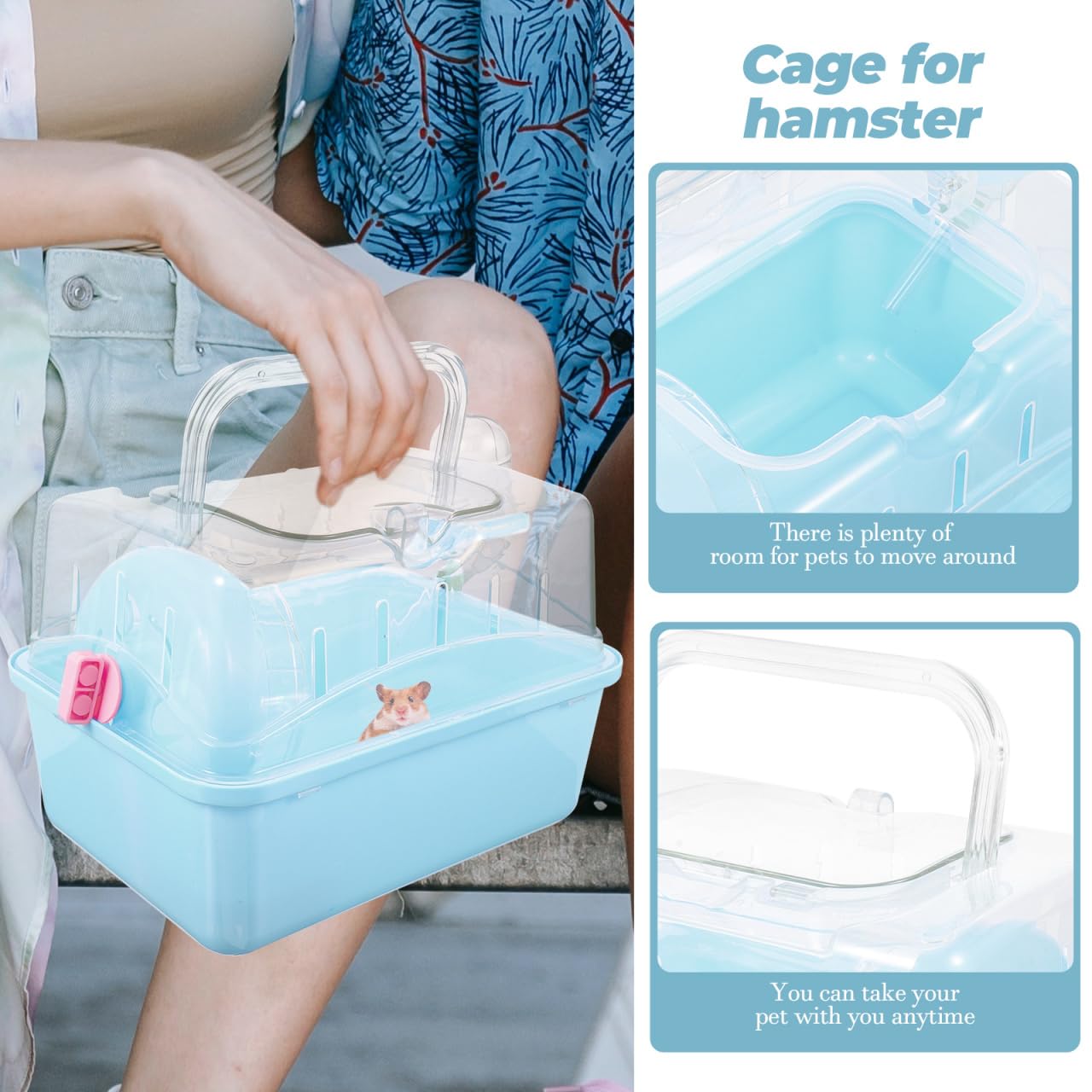 Totority Panoramic Sunroof Hamster Carrier Cage Sky-Blue Portable Plastic