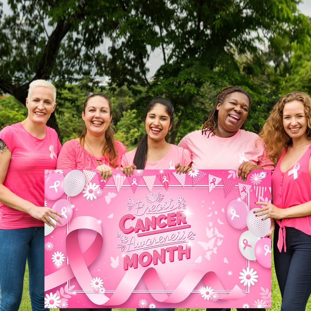MEHOFOND Breast Cancer Awareness Banner Pink Ribbon Party Decoration Pink