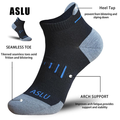 ASLU Athletic Compression Cushioned Ankle Socks Black 6 Pairs Size 6-9