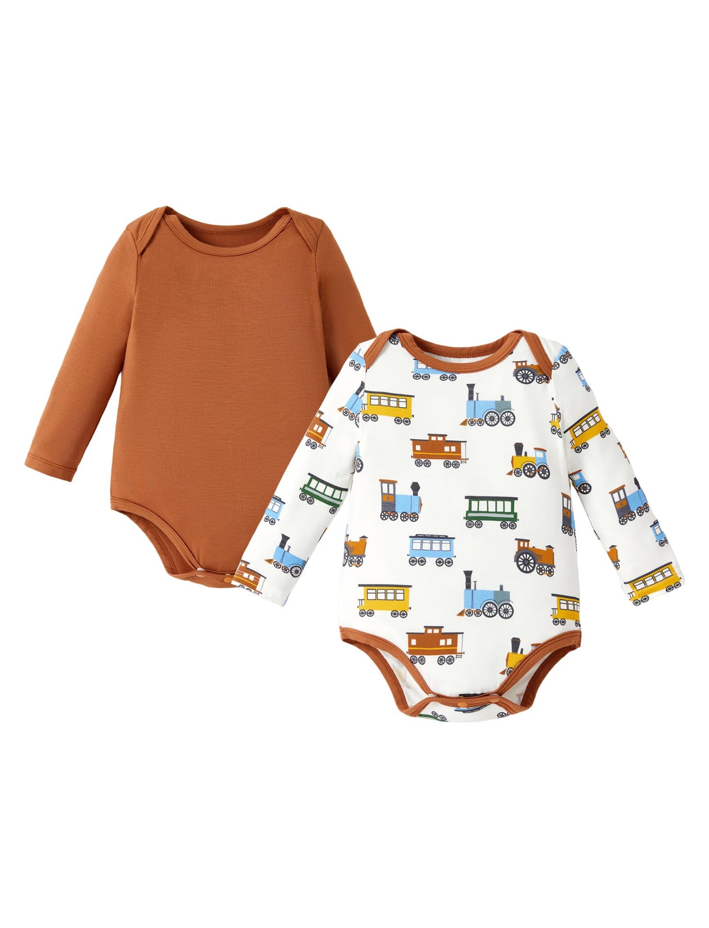 PATPAT Baby Boys Bodysuits 2-Pack Long Sleeve Train Print Brown Car Size 18-24M