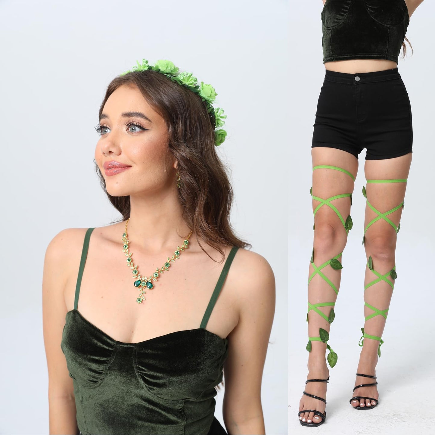 Xintorch Halloween Ivy Rave Leg Wraps Necklace Earrings Hairband Set Green