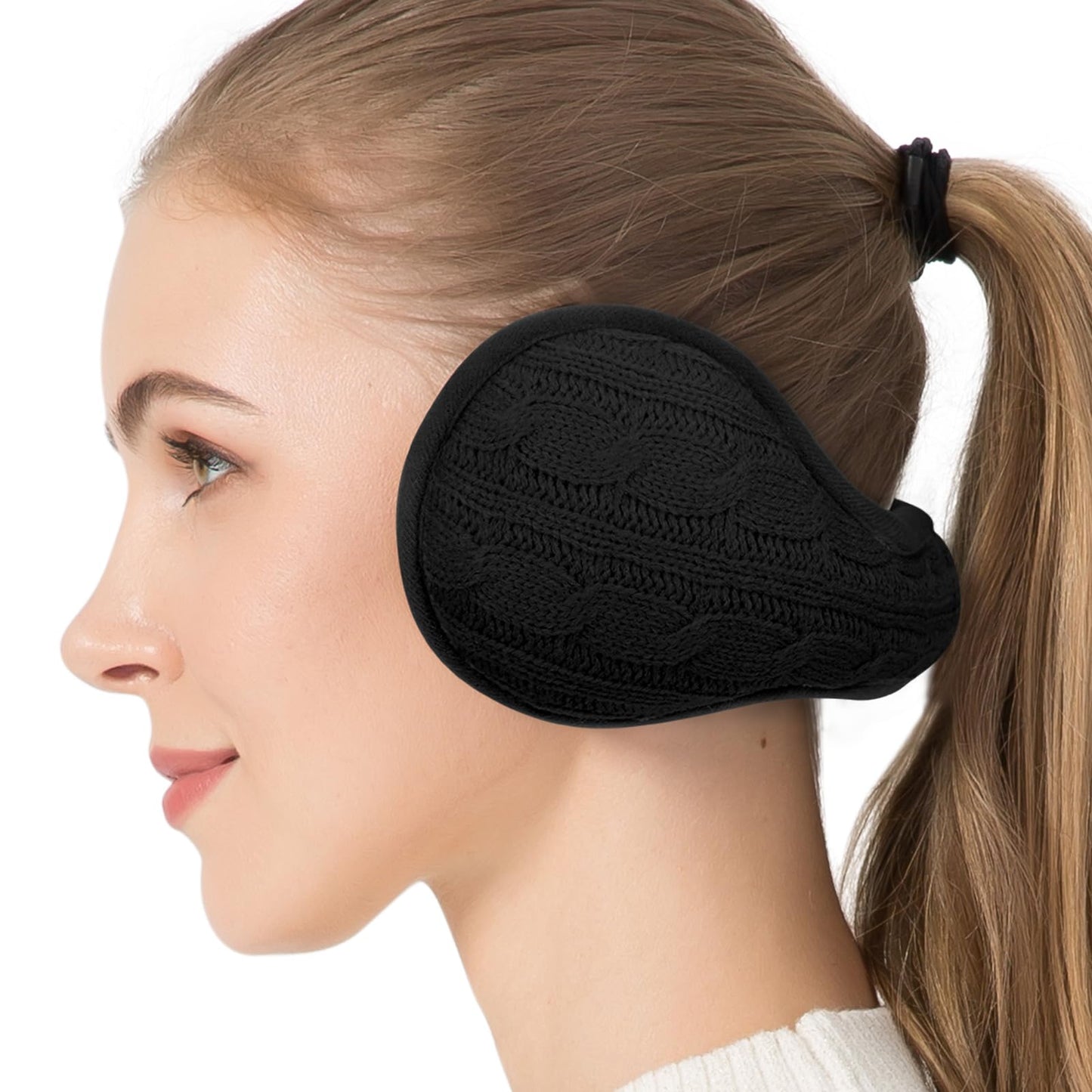 Venswell Knit Ear Muffs Winter Soft Fleece Adjustable Zz-black+white 2 PCS