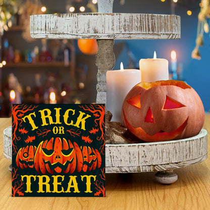 Hijie Halloween Wooden Pumpkin Sign Spooky Home Decor 5x5 Inches TREAT