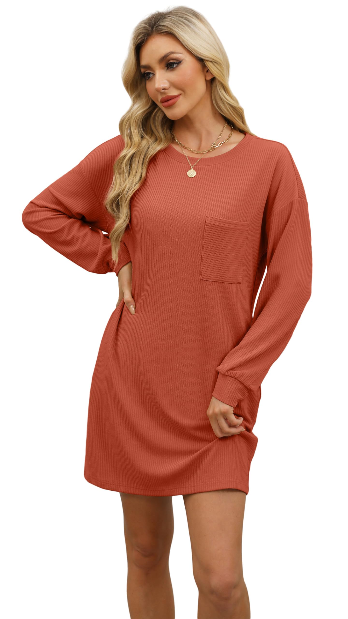 WIHOLL Fall Long Sleeve Mini Dress with Pockets Caramel Size L