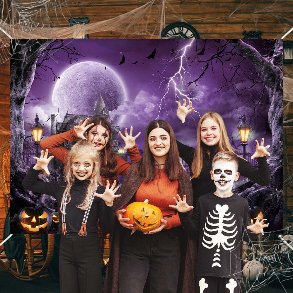 Halloween Backdrop Banner Scary Castle Cemetery Purple Full Moon 7x5Ft