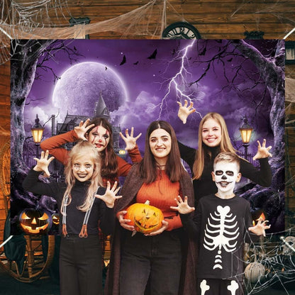 Halloween Backdrop Banner Scary Castle Cemetery Purple Full Moon 7x5Ft