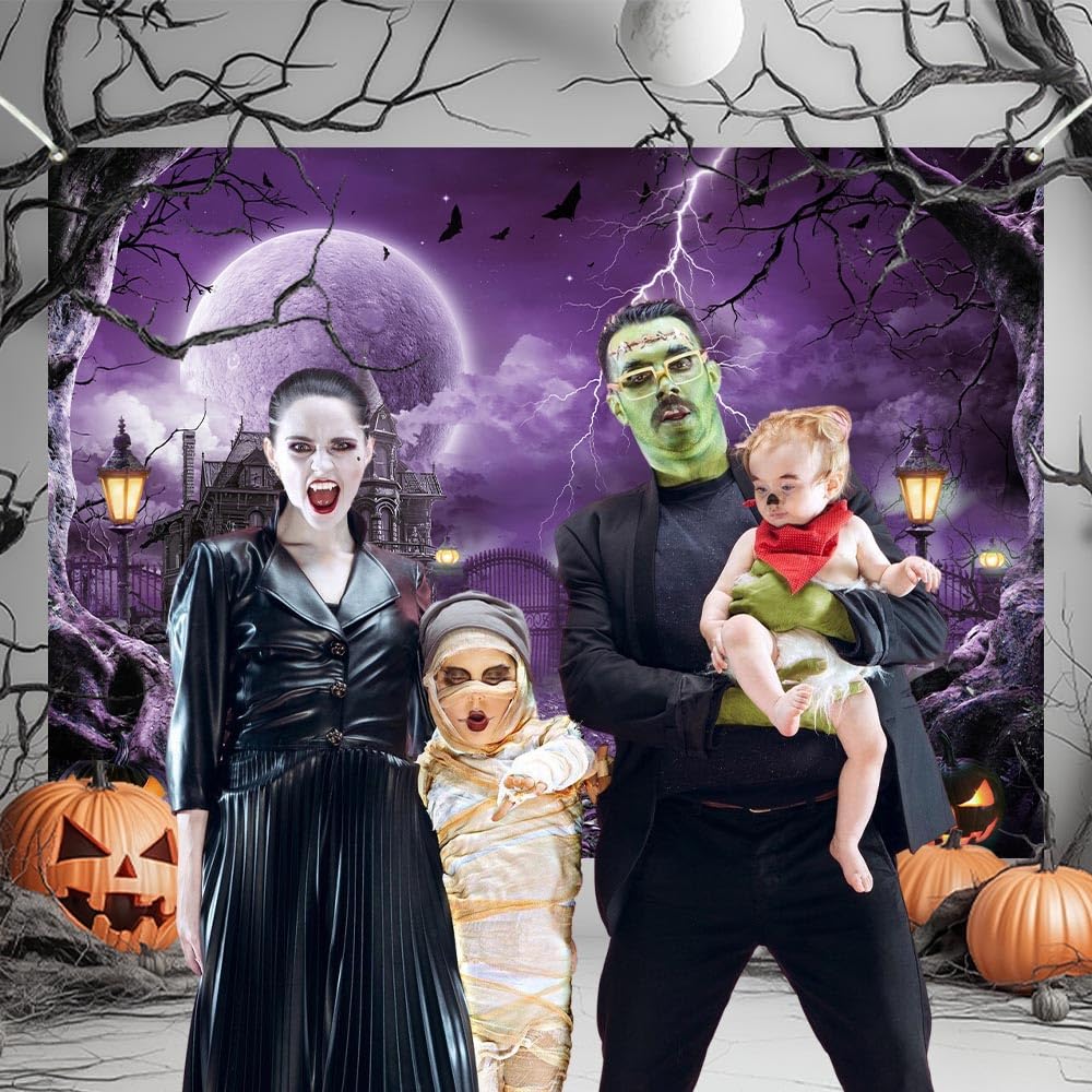Halloween Backdrop Banner Scary Castle Cemetery Purple Full Moon 7x5Ft