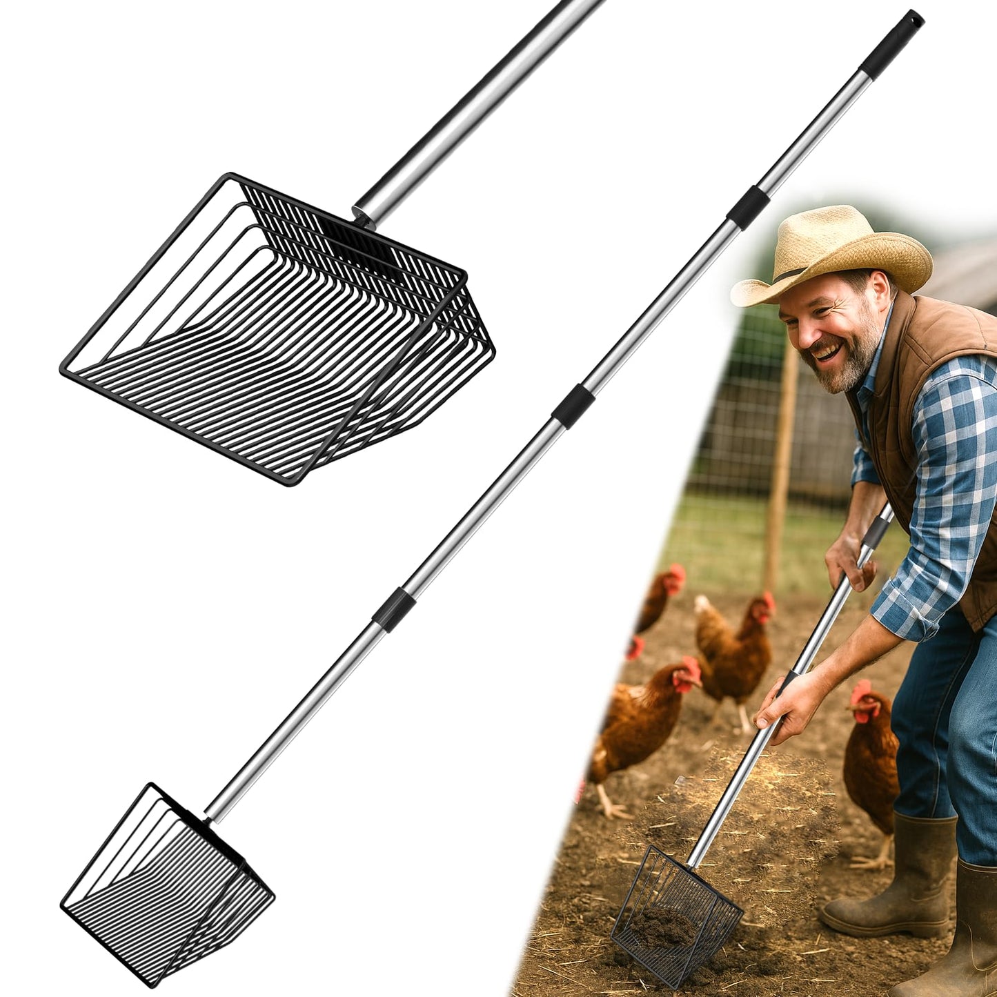 MENGBEI Chicken Poop Scooper Stainless Steel 15-54" Telescoping Handle 8" Wide