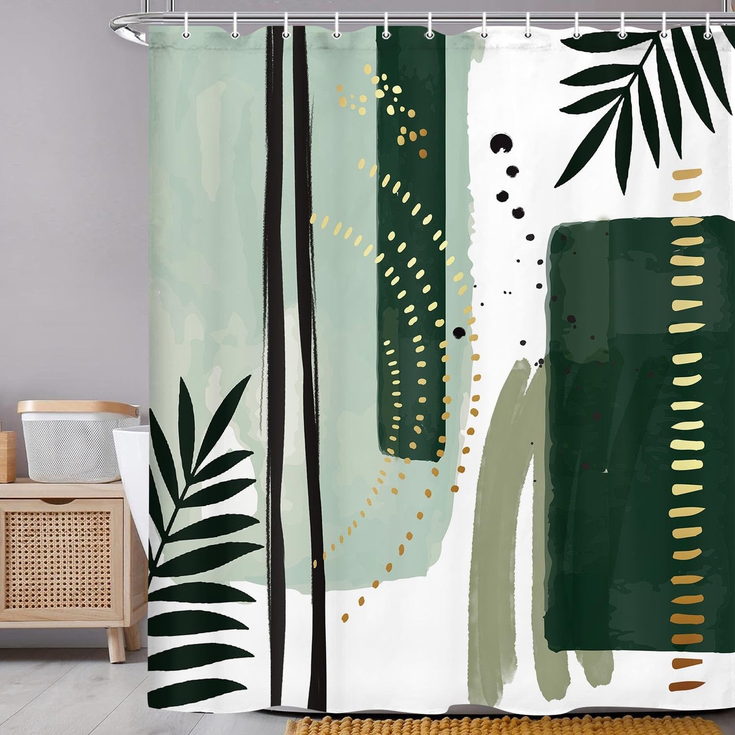 Torich Mid Century Boho Geometric Waterproof Shower Curtain 69x72 Green 12pc