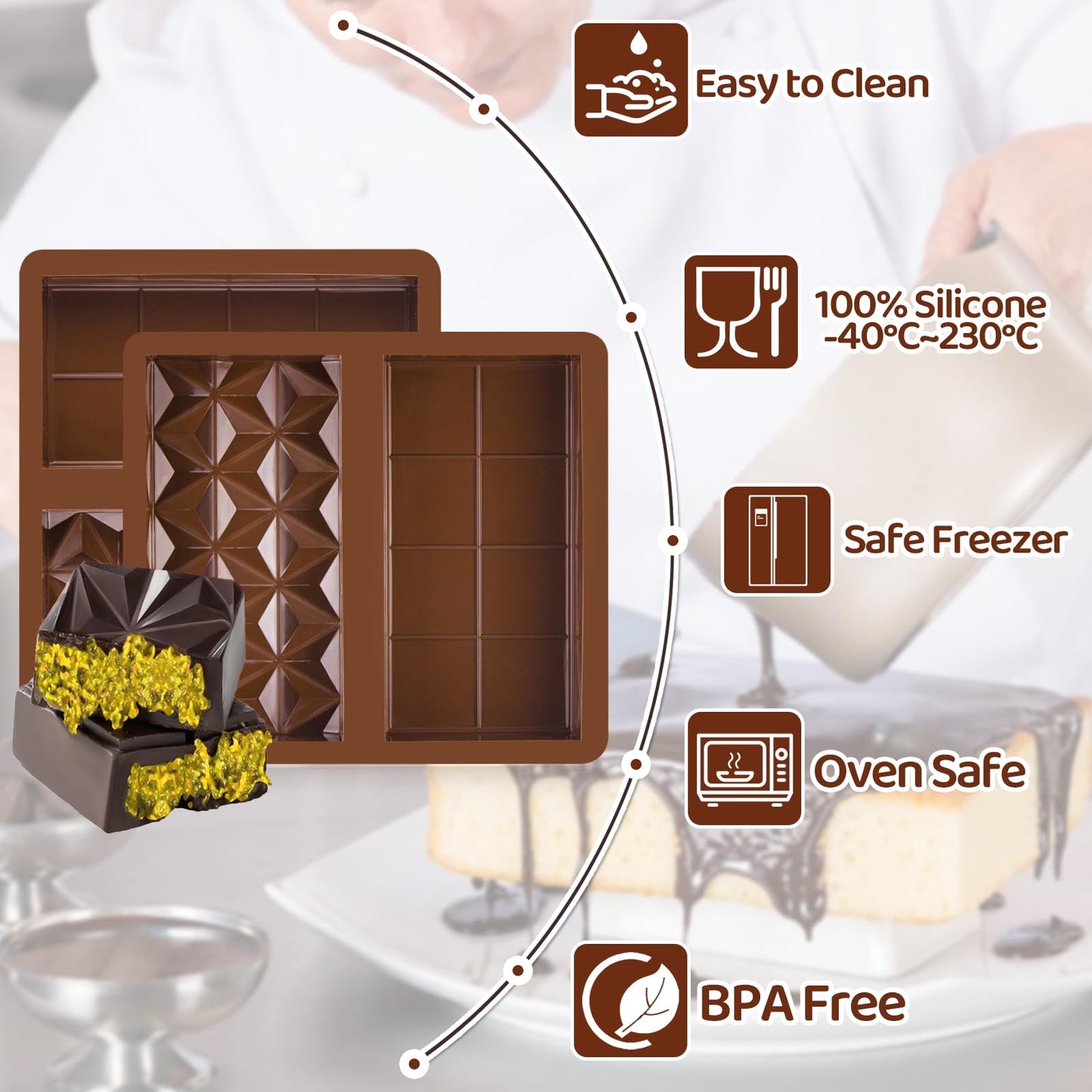 BMSQOFD Silicone Chocolate Bar Molds 2 Pack 1in Deep Brown Dubai Pistachio