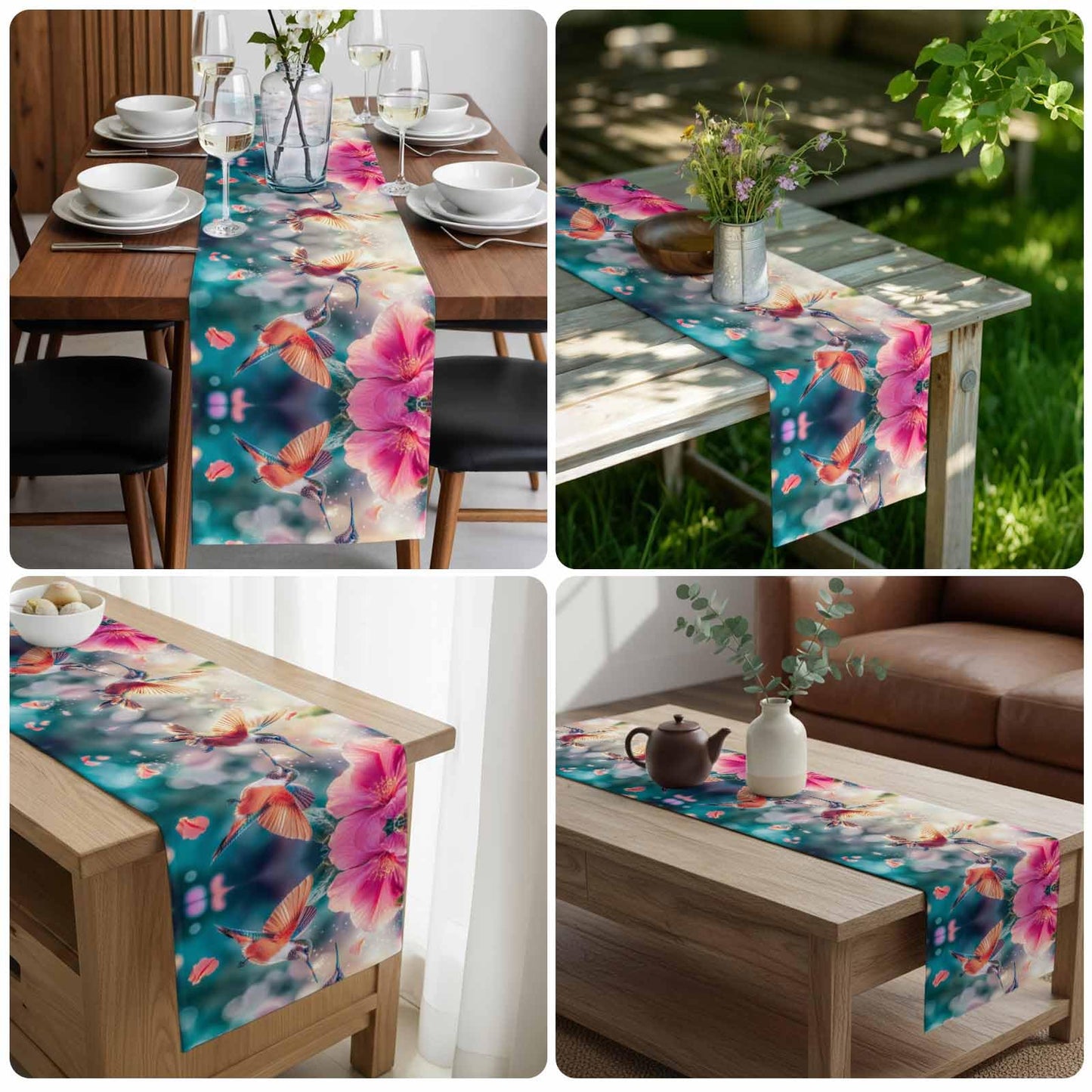 Perdecor Spring Hummingbird Pink Petals Table Runner 13x70in Cotton Linen