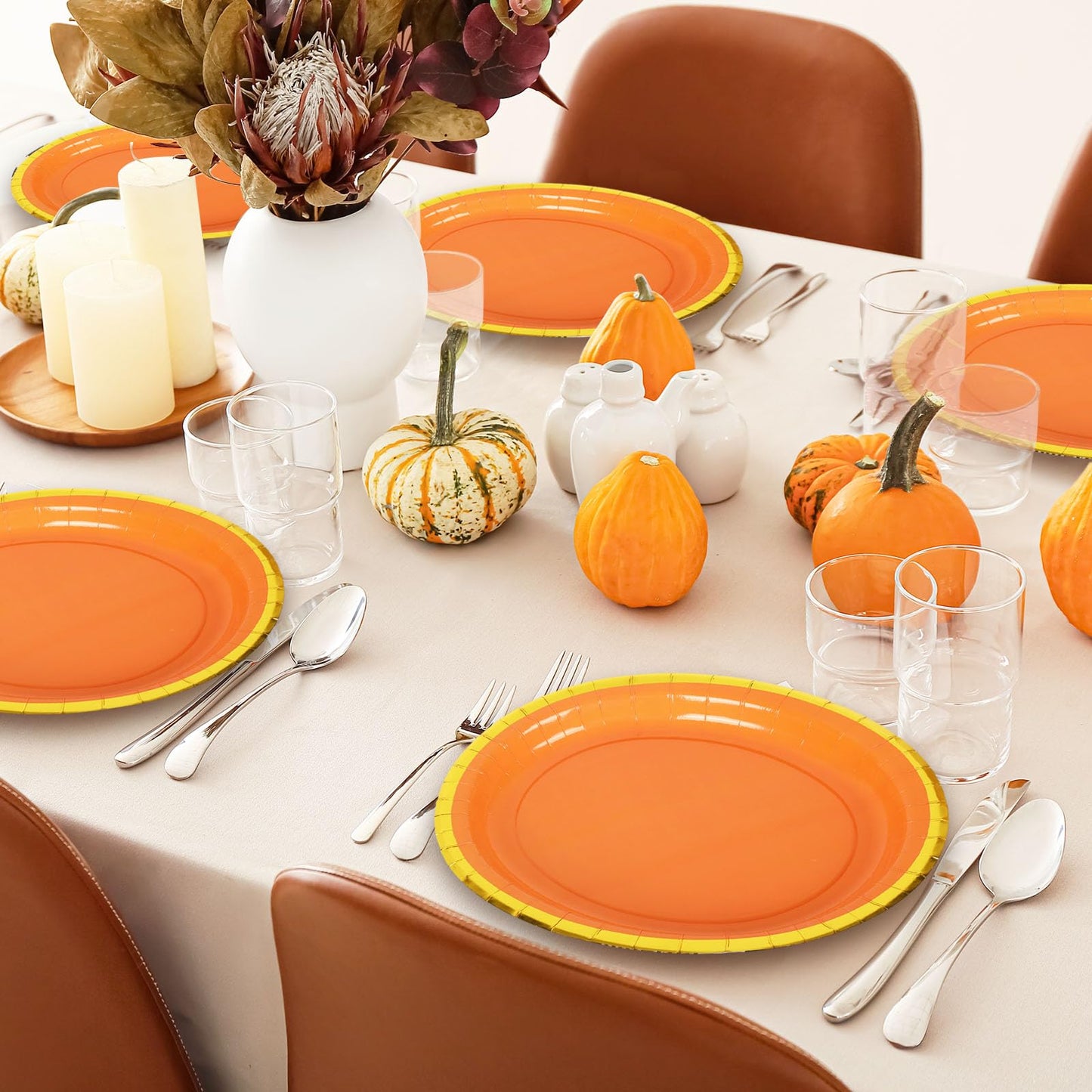 JarThenaAMCS 40Pcs Fall Oval Paper Plates Orange Gold Foil 9x7.7in