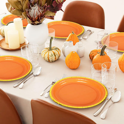 JarThenaAMCS 40Pcs Fall Oval Paper Plates Orange Gold Foil 9x7.7in