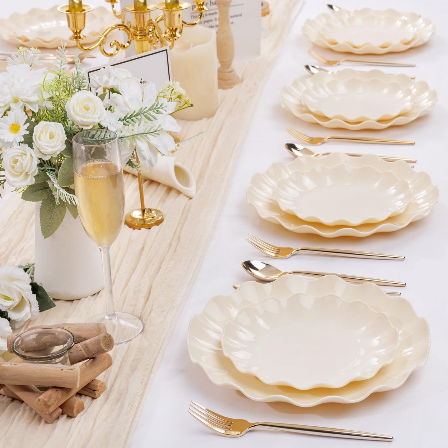 LIYH 24 Pcs Plastic Plates Reusable Scalloped Beige BPA Free 12 Guests