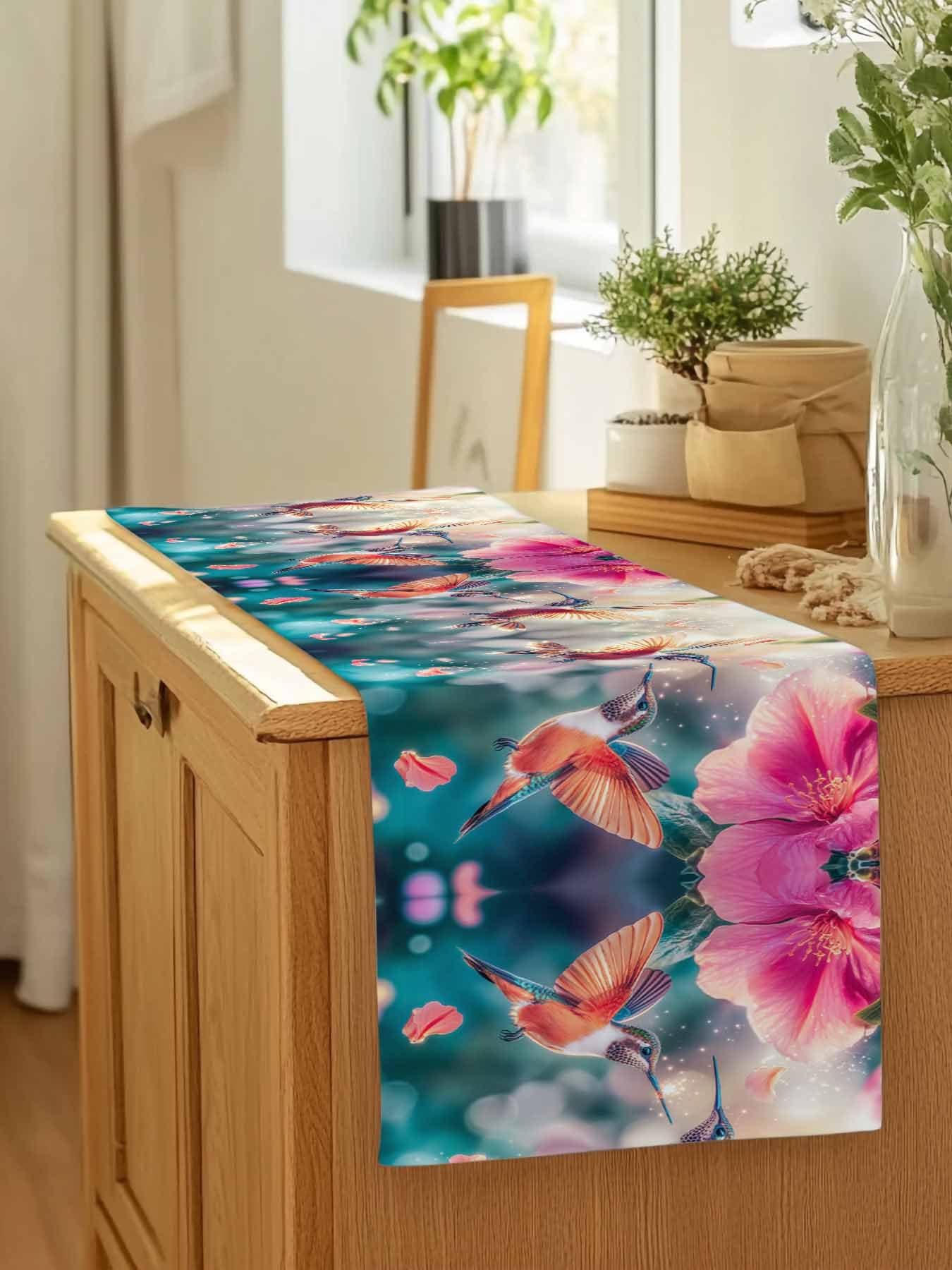 Perdecor Spring Hummingbird Pink Petals Table Runner 13x70in Cotton Linen