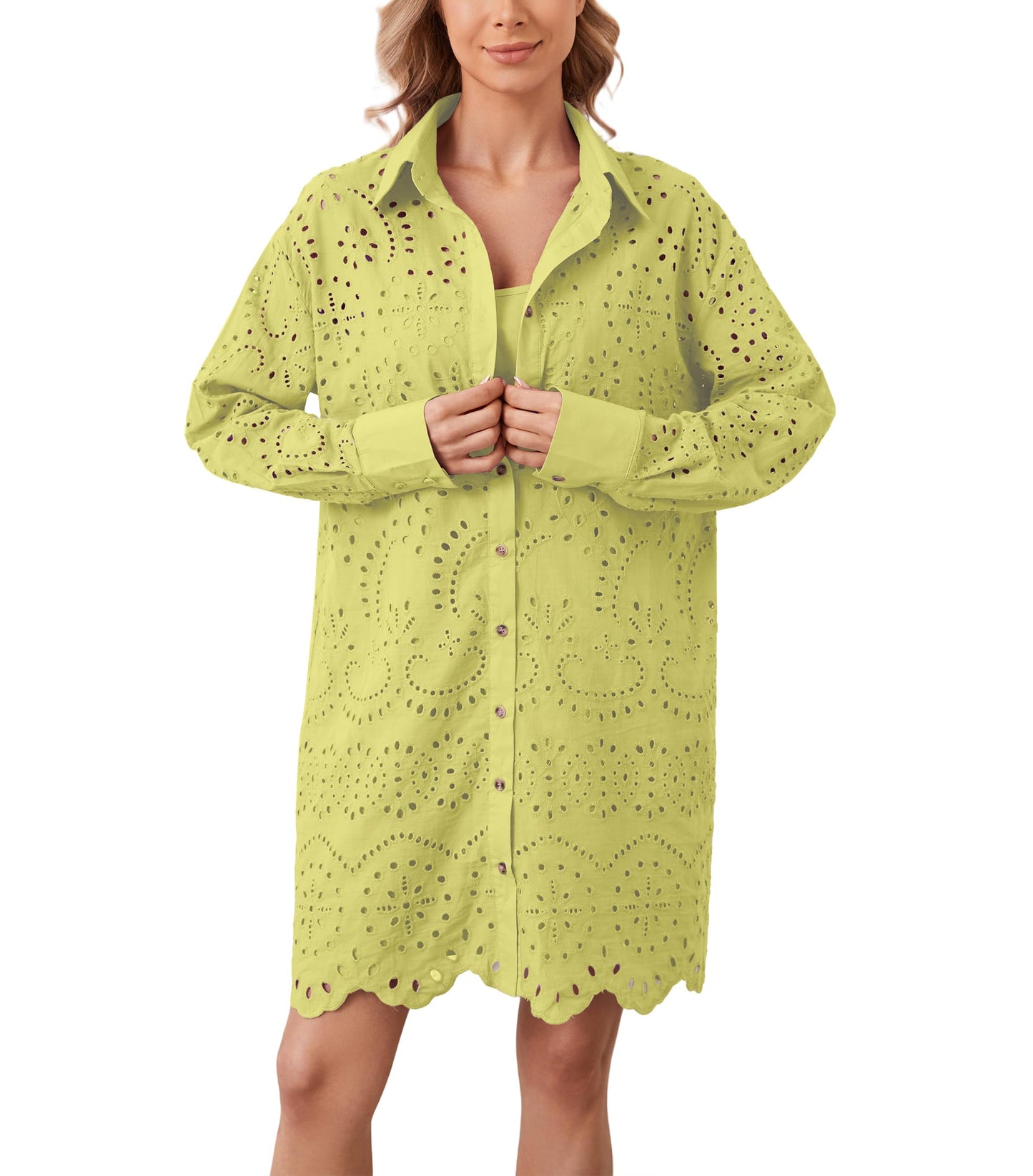 AIHUKOCY Women Hollow Out Button Down V Neck Long Sleeve Mini Dress Yellow M
