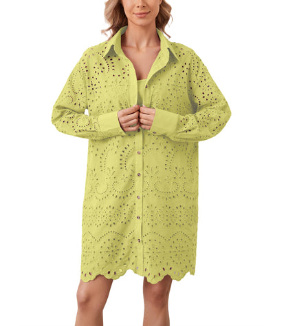 AIHUKOCY Women Hollow Out Button Down V Neck Long Sleeve Mini Dress Yellow M