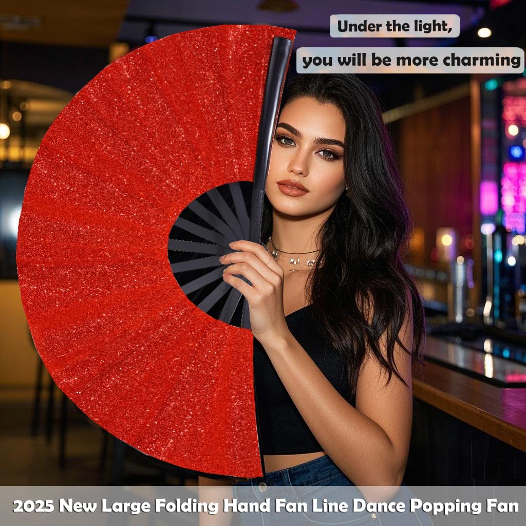 GeGeYa Large Folding Hand Fan Red Glitter for Dance Party Outdoor Decor