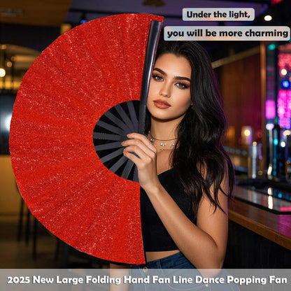 GeGeYa Large Folding Hand Fan Red Glitter for Dance Party Outdoor Decor