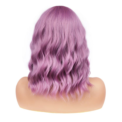 BATISI Lavender Pink Wavy Bob Synthetic Wig Short Shoulder Length Bangs