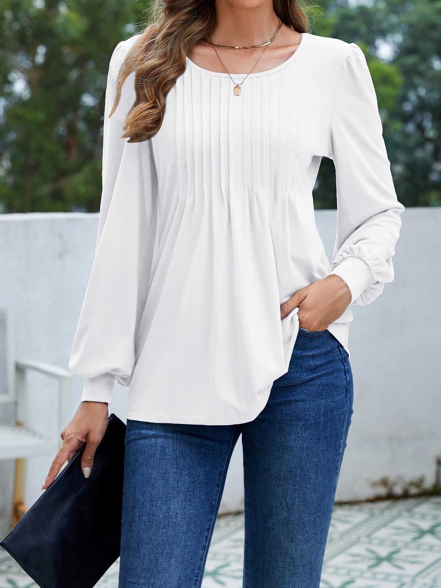 Licemere Women's Long Sleeve Pleated Puff Sleeve Tunic Shirt White Size L