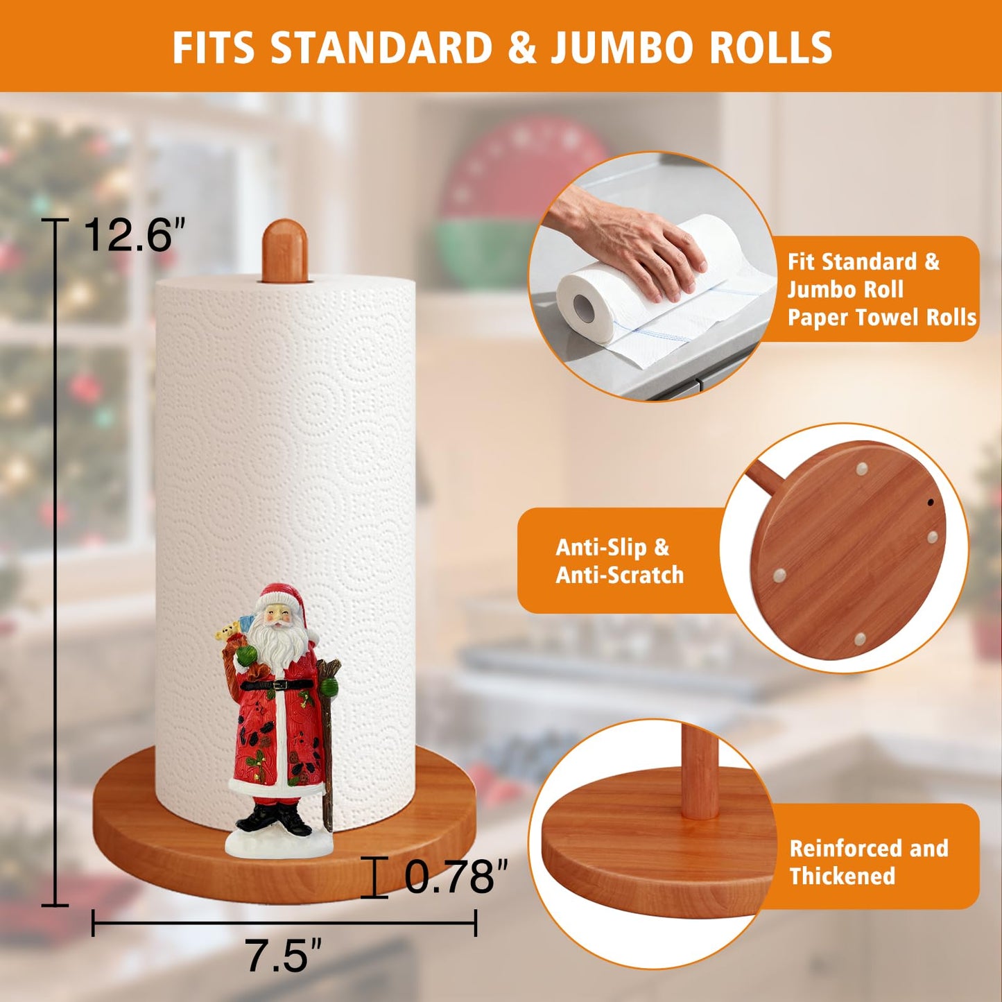 GAJ Christmas Paper Towel Holder Santa Claus Walnut Color 3D Xmas Decor