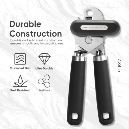 UHIYEE Manual Can Opener Heavy Duty Sharp Blade Soft Handle Black
