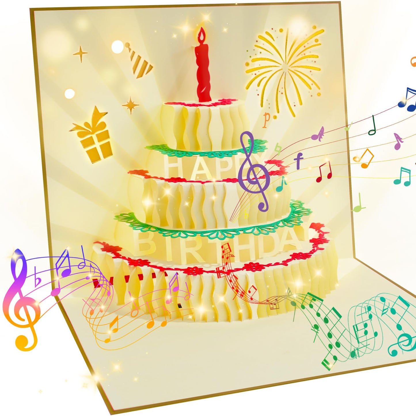 CANREVEL 3D PopUp LED Light Birthday Card Gold Candle Music Greeting