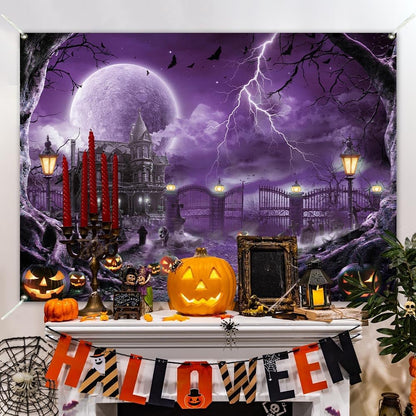 Halloween Backdrop Banner Scary Castle Cemetery Purple Full Moon 7x5Ft
