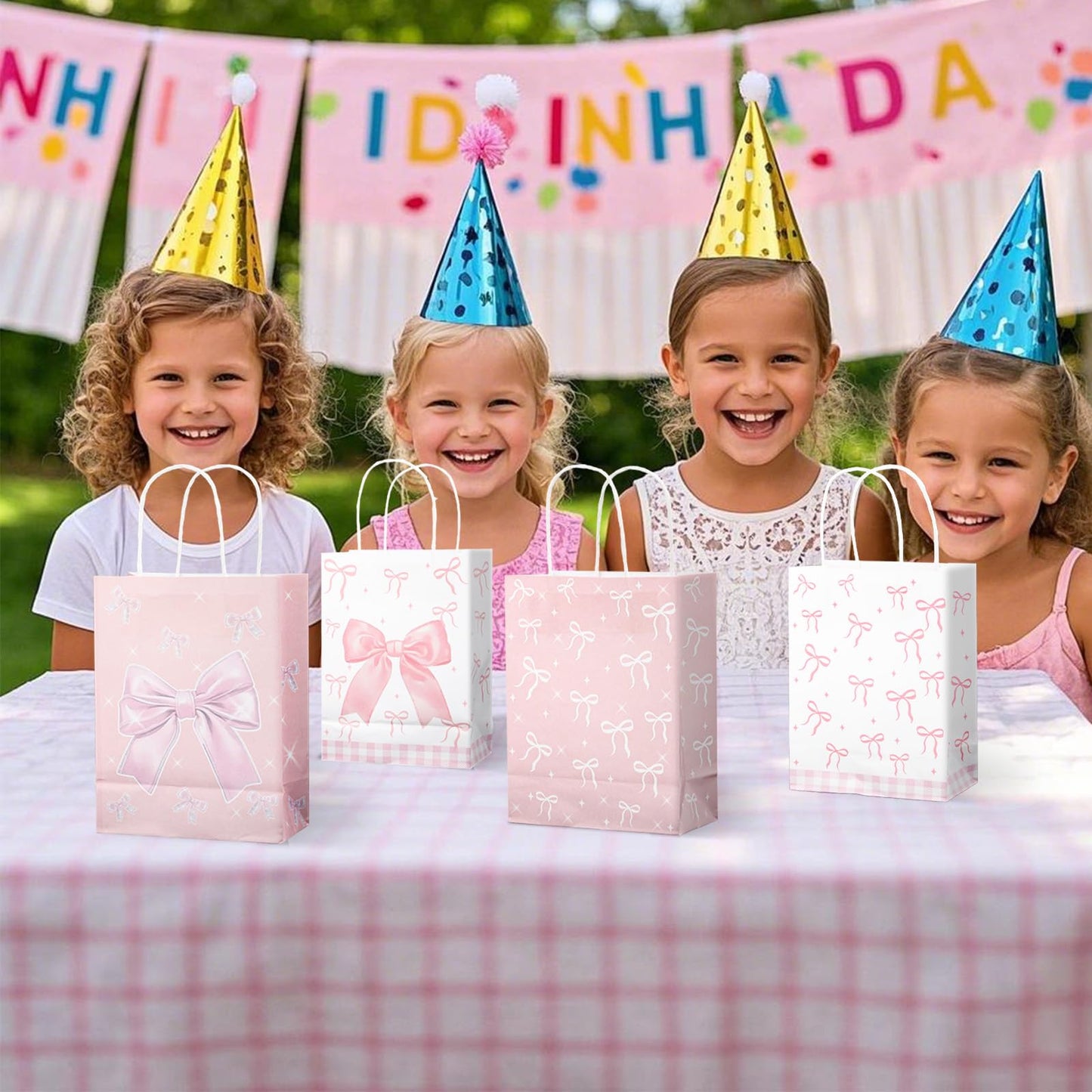 BOXOB Pink Bow Gift Bags 12pcs 8.27x6.3x3.15in Pink White Party Favor