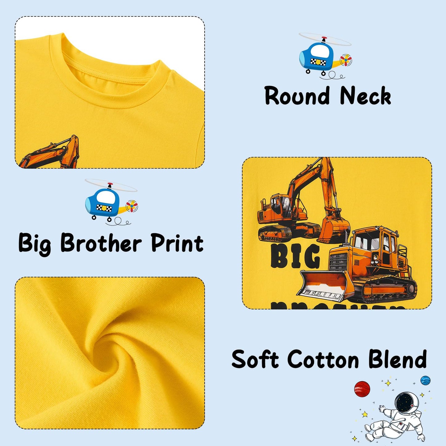 Funnycokid Big Brother Bulldozers Excavator Toddler Shirt Yellow Size 2-3T