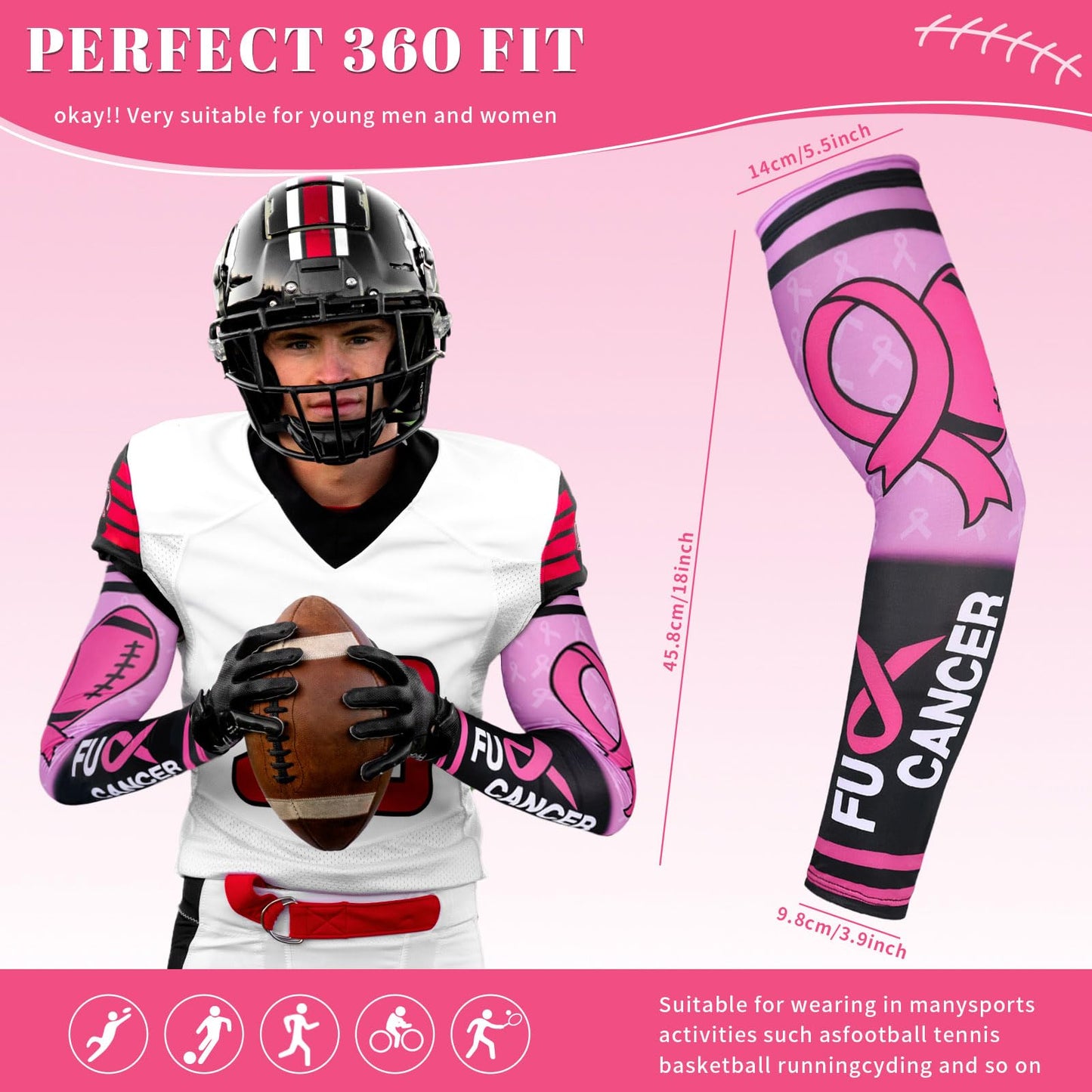 PABOBIT Breast Cancer Awareness Pink Ribbon Arm Sleeve Football 1Pair Size Adult