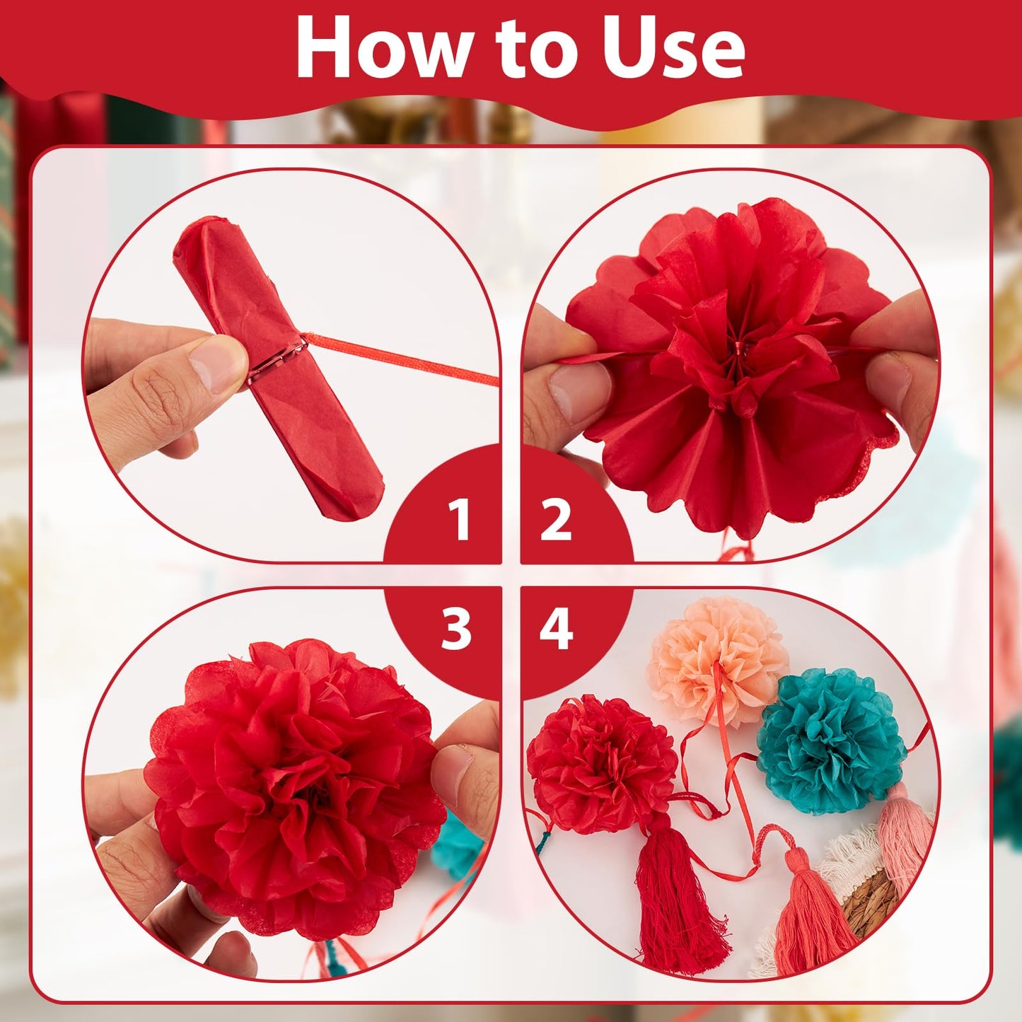 OBBOLO Tissue Paper Pompom Garland with Cotton Tassels 2 Pcs Red Green Pink