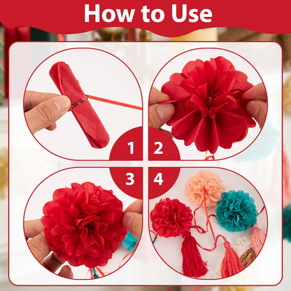 OBBOLO Tissue Paper Pompom Garland with Cotton Tassels 2 Pcs Red Green Pink
