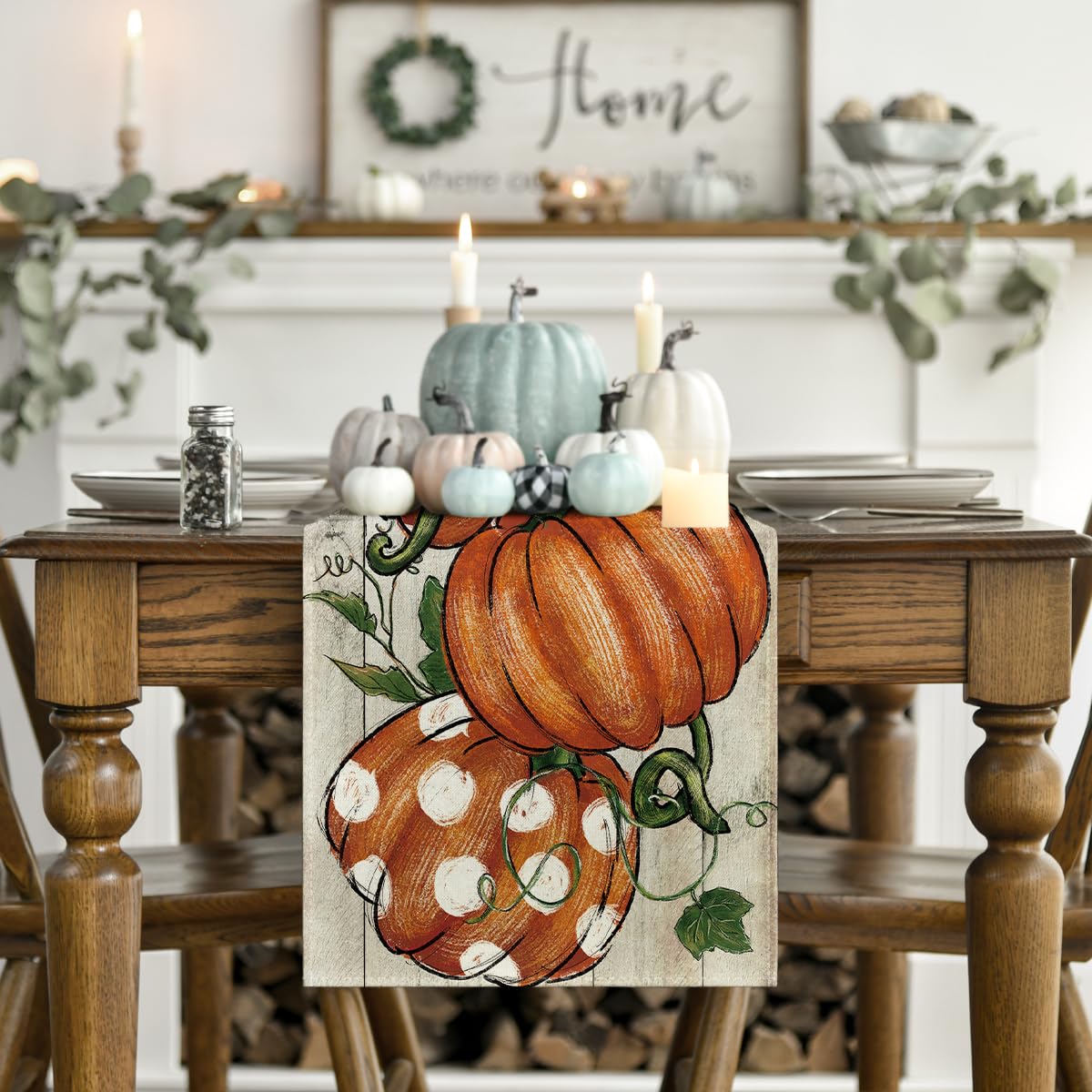 Artoid Mode Polka Dot Pumpkins Vine Wood Fall Table Runner 13x36 Inch