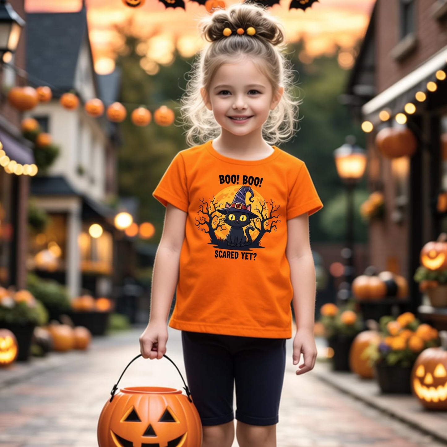 HELLO MEOW Halloween Boys T Shirt Orange Black Cat Size 4-5T