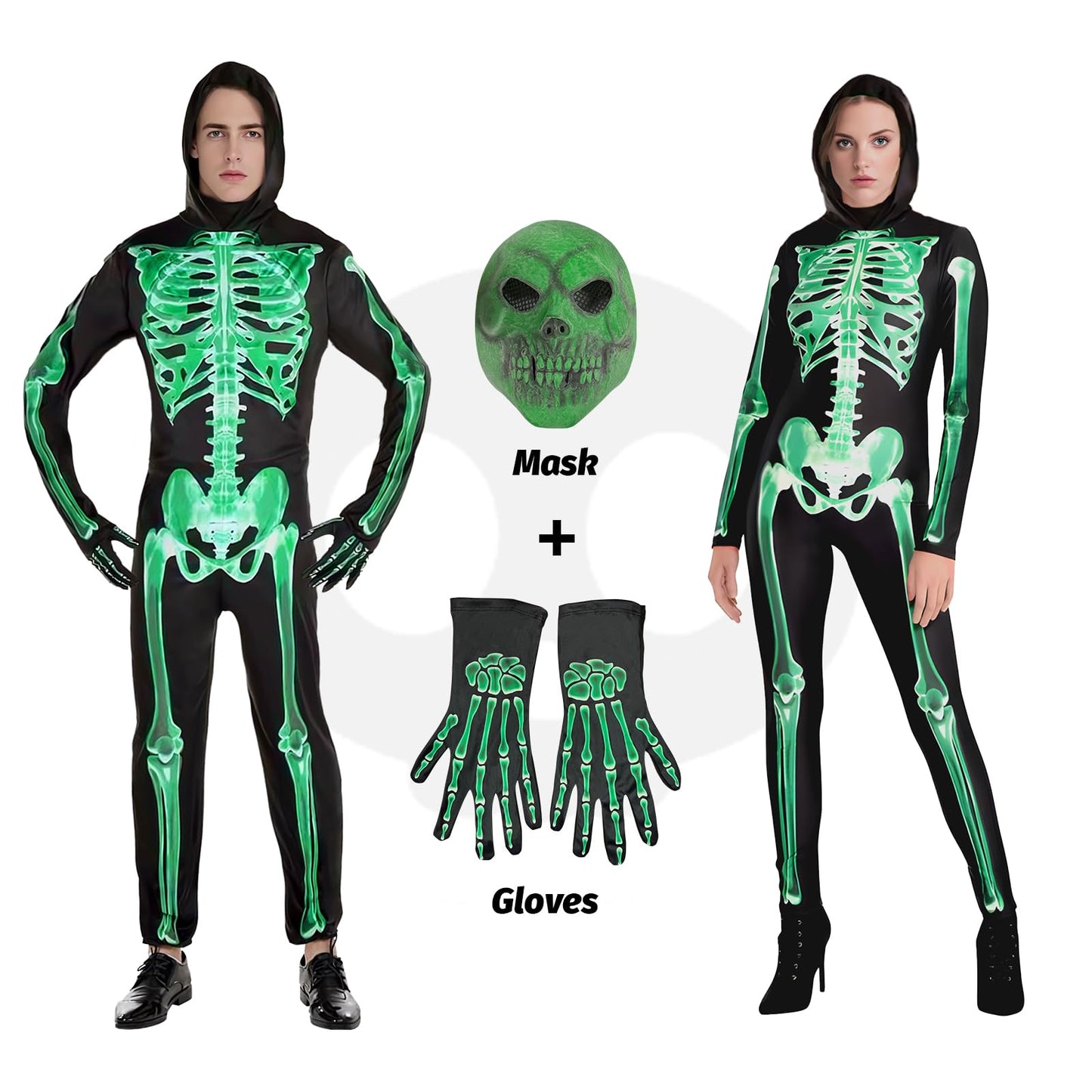 XXLOG Glow in the Dark Skeleton Costume Hooded Jumpsuit Halloween Cosplay Adult