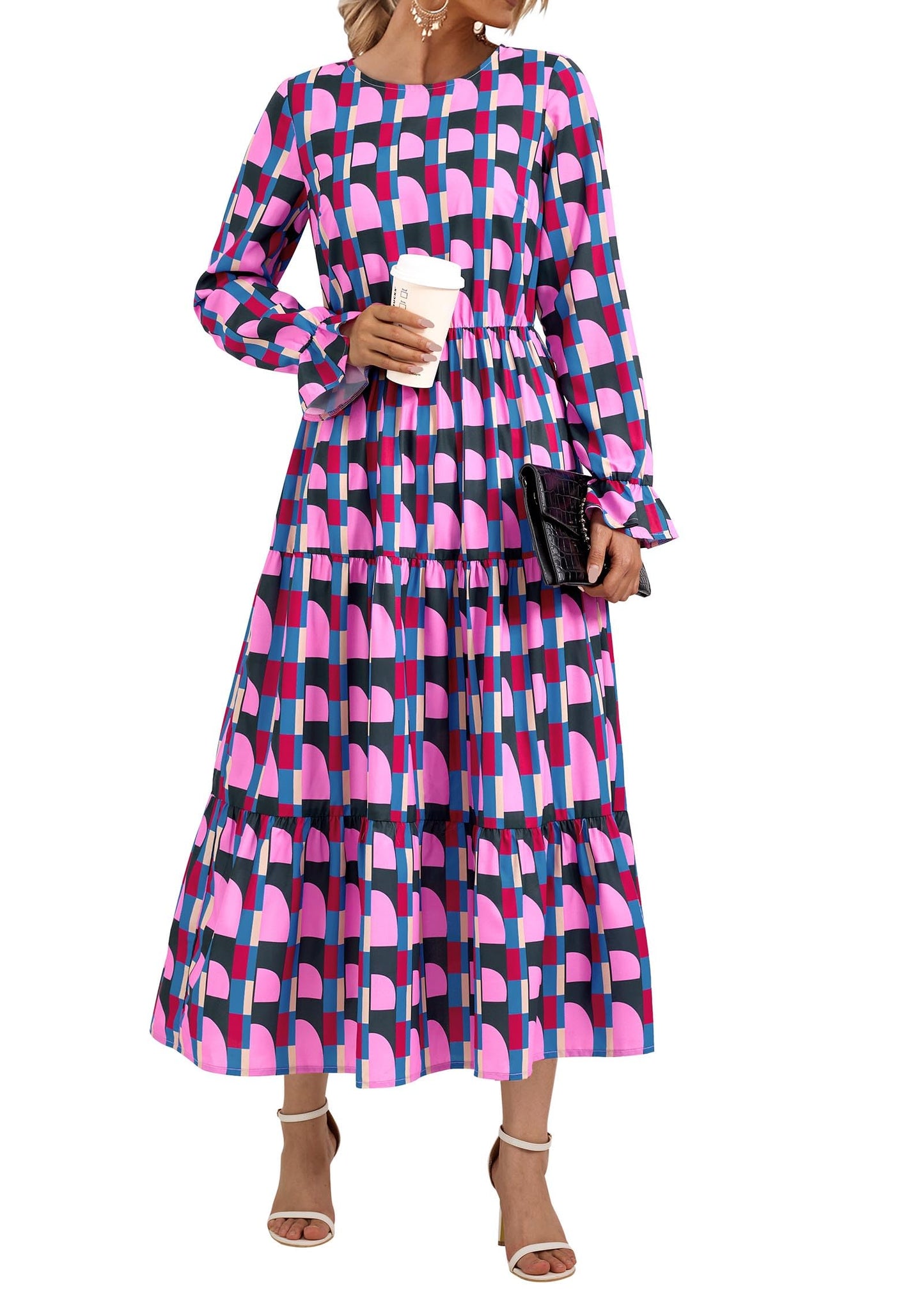 KIRUNDO Womens Spring Long Sleeve Boho Floral Midi Dress Pink Size M
