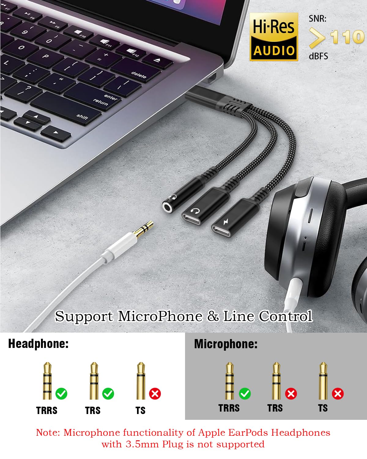 tiavalmax USB C Splitter 3.5mm Headphone Charger Adapter 60W PD Fast Black