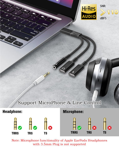 tiavalmax USB C Splitter 3.5mm Headphone Charger Adapter 60W PD Fast Black