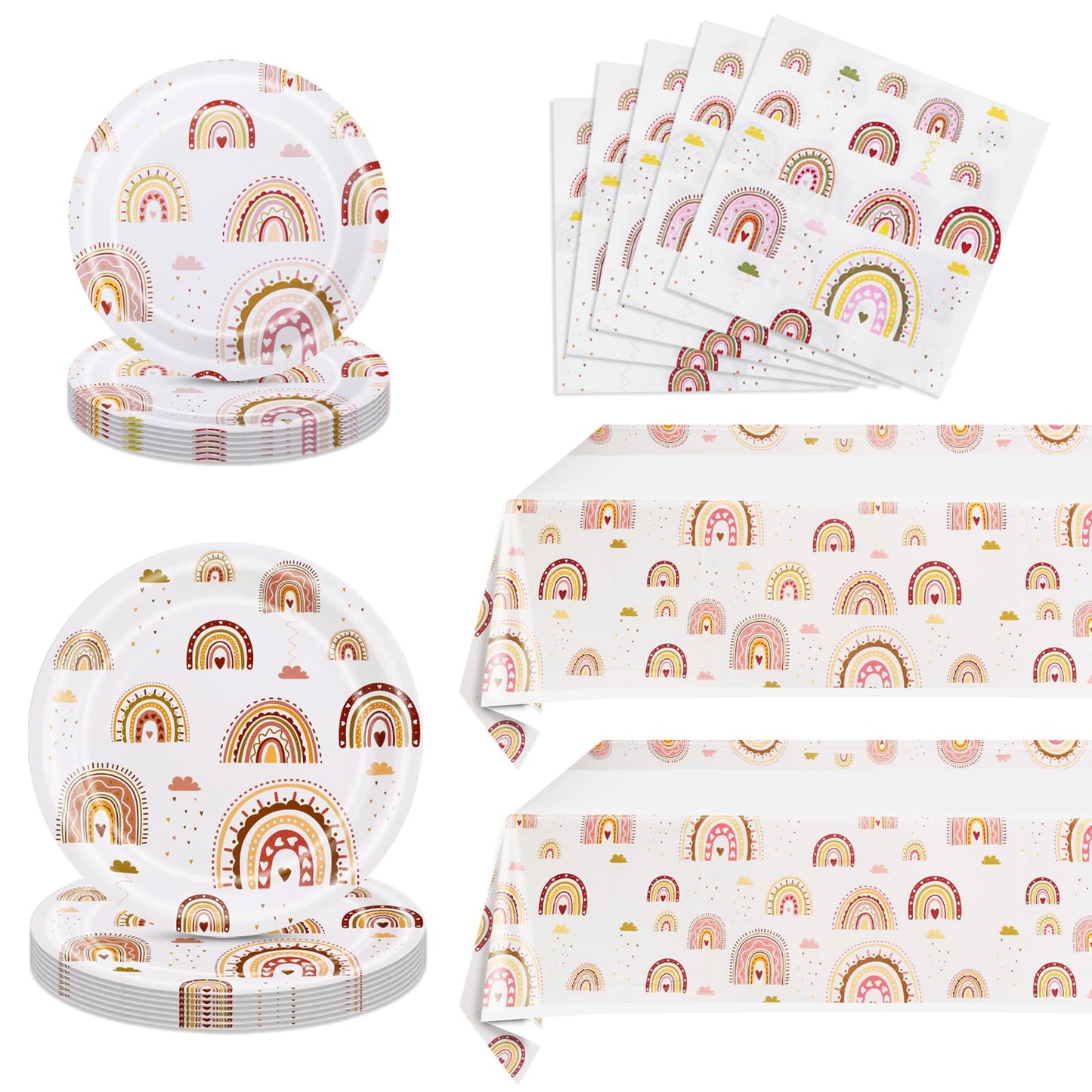 Ryzovo Boho Rainbow Party Supplies 62pcs Paper Plates Napkins Tablecloth