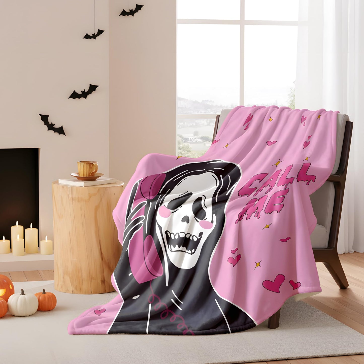 LOSIVISHE Halloween Flannel Throw Blanket Pink Ghost Pattern 50x70 in