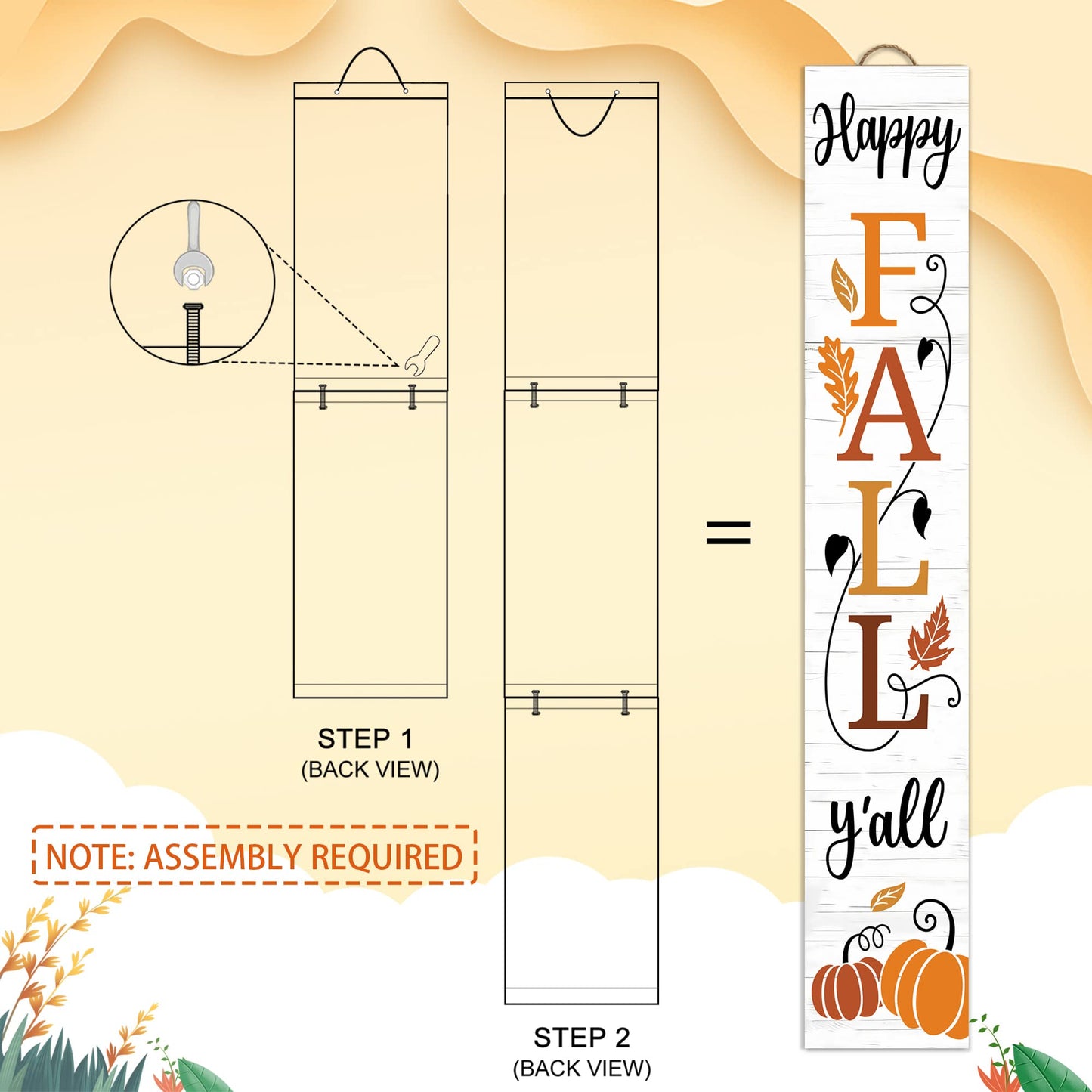 AUSTAB Happy Fall Y'all Wooden Porch Sign 47.2" x 7.8" White Autumn Decor